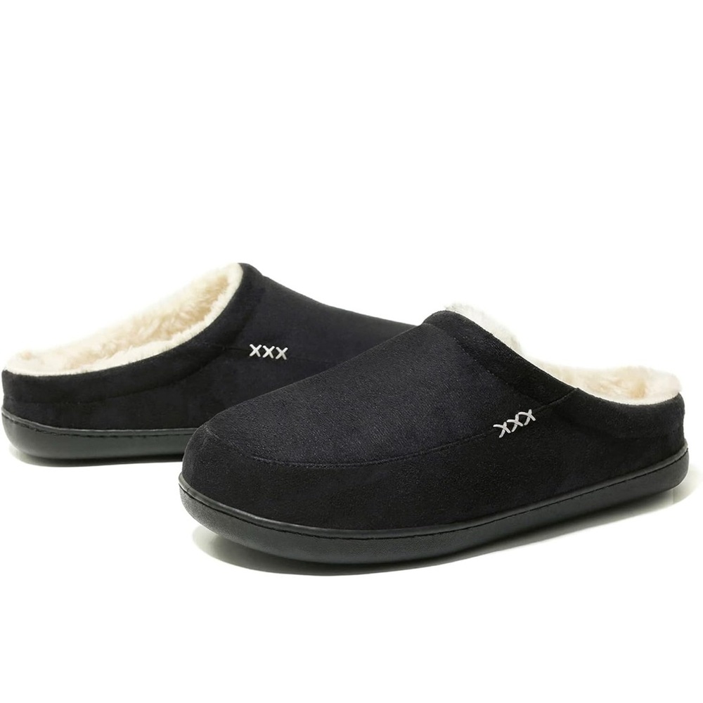 Men’s Warm Plush Fleece Suede Memory Foam Non-Slip Black Winter Slippers Loafers